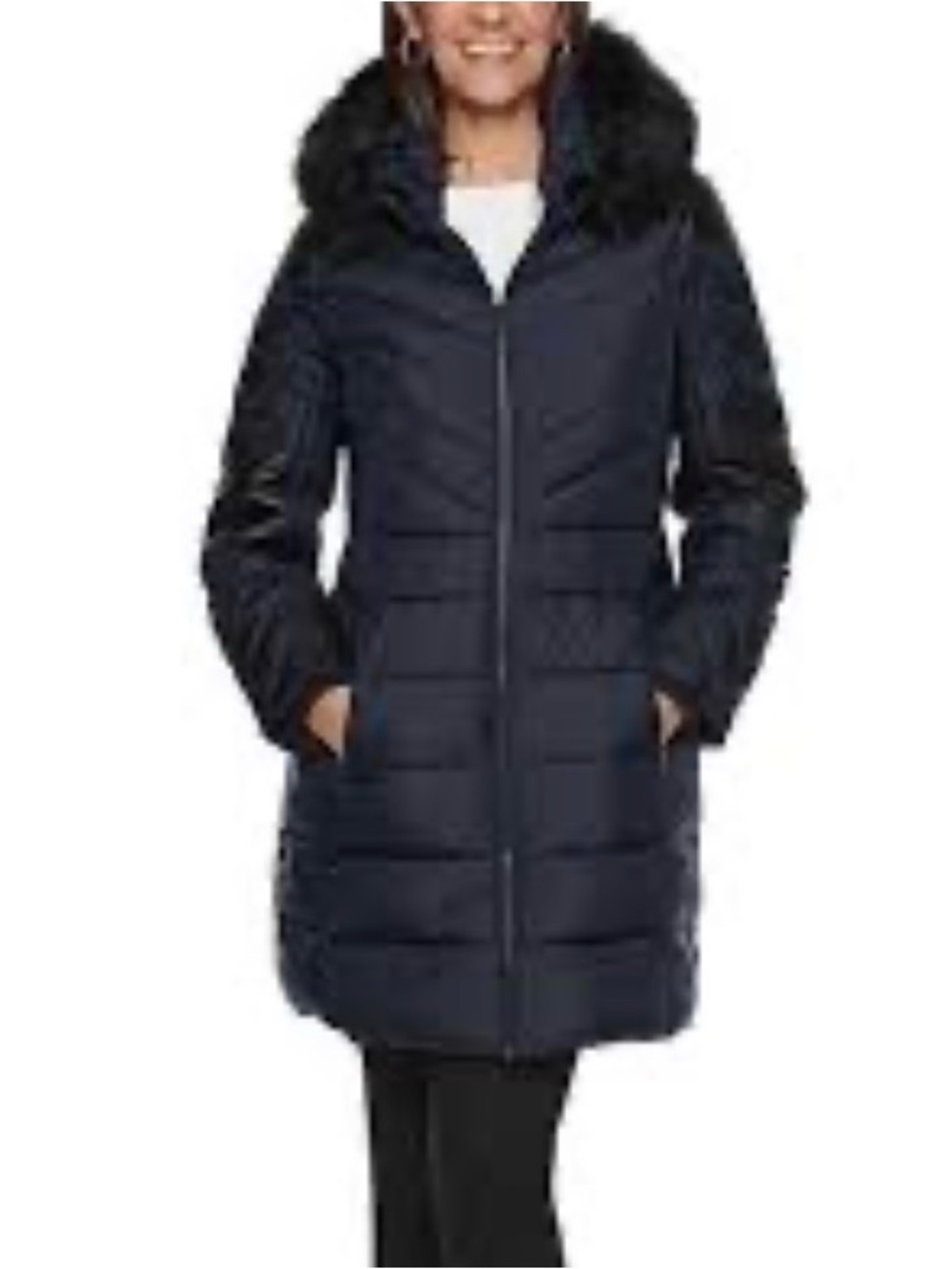 London Fog Navy Quilted Longline Hooded Puffer with Faux-Fur Trim